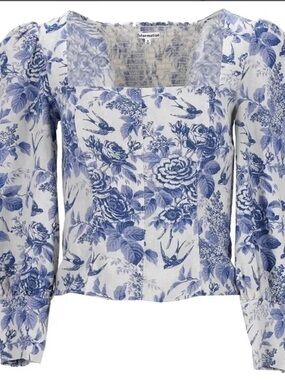 Reformation White Blue Floral Square-Neck Puff Sleeve Blouse 100% Linen NWOT